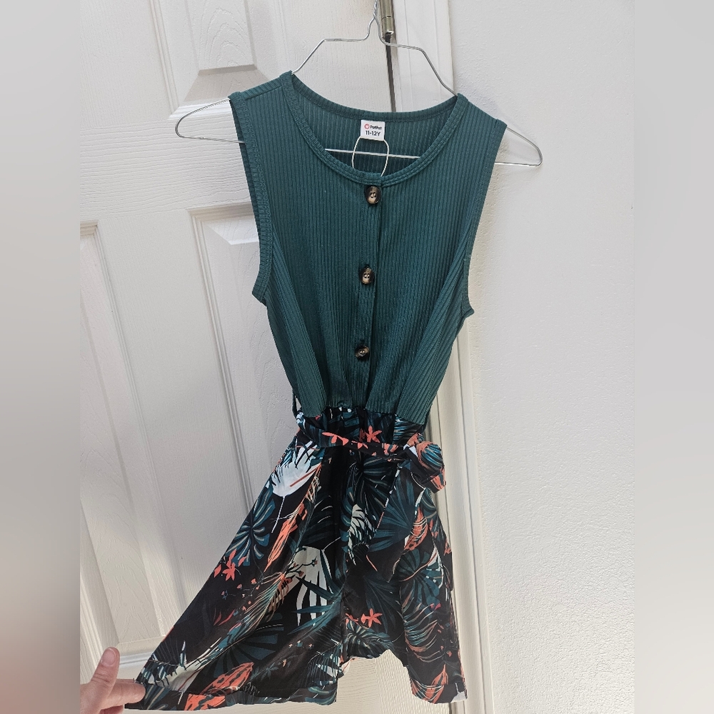 Sleeveless Teal and Floral Romper W/ Belt